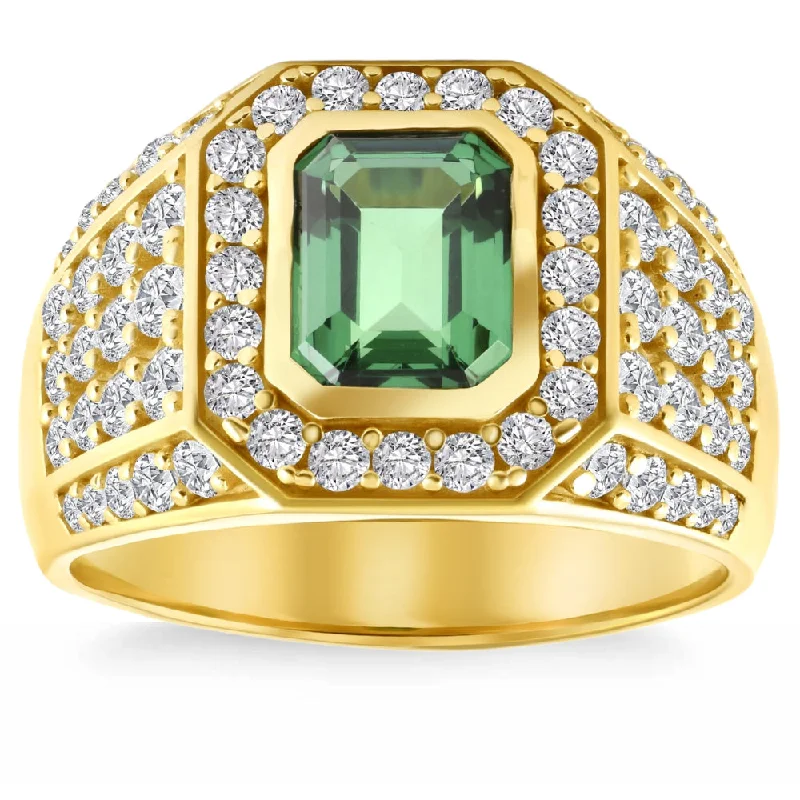 black diamond engagement rings -4 1/2Ct Emerald & Diamond Men's Ring 10k Yellow Gold Lab Grown