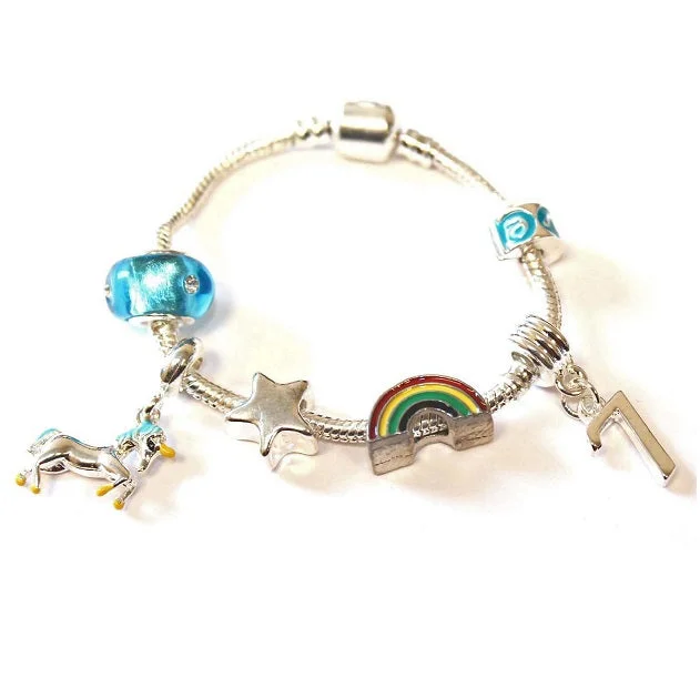 Children's 'Magical Unicorn 7th Birthday' Silver Plated Charm Bead Bracelet