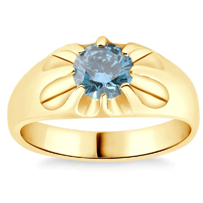 vintage-style diamond engagement rings -2Ct Blue Diamond Men's Belcher Solitaire Ring Gold