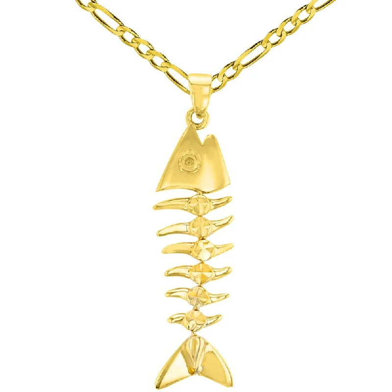 women personalized necklaces -Solid 14K Yellow Gold Dangling Fishbones Pendant with Figaro Chain Necklace