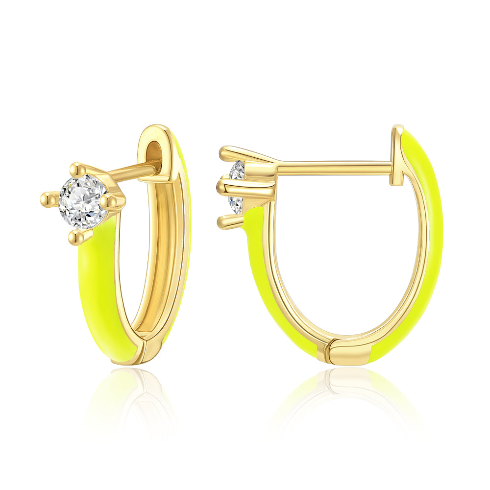 women silver drop earrings -Gold Huggie Enamel Earrings Colorful Small Hoop Cuff Earrings-Lemon Yellow