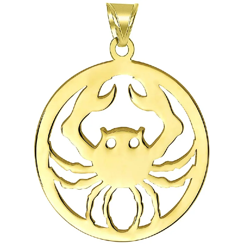 women fashion chain necklaces -Solid 14k Yellow Gold Round Cancer Zodiac Sign Crab Disc Pendant