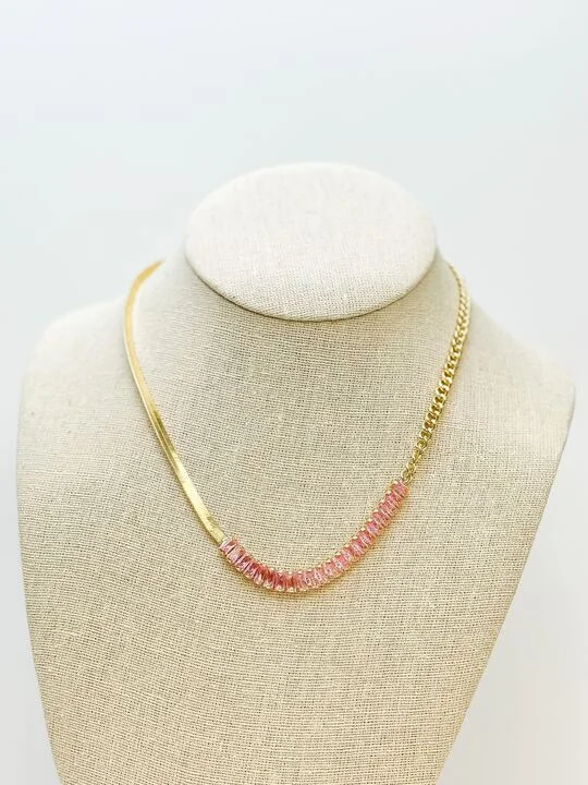 women twisted chain necklaces -Geometric Pink Stone Chain Necklace