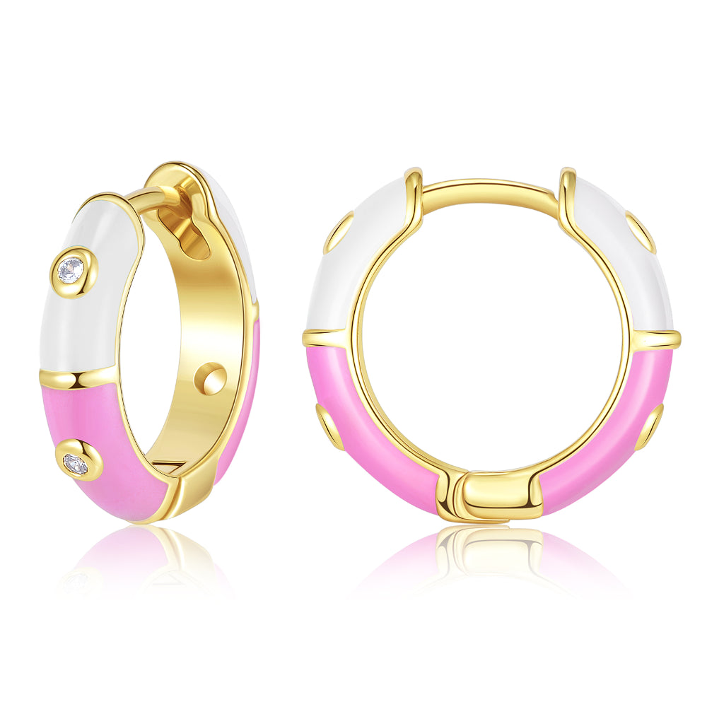 women gold stud earrings -Dainty Dual-color Enamel Small Hoop Colorful Cute Huggie Earrings with White-Pink Color