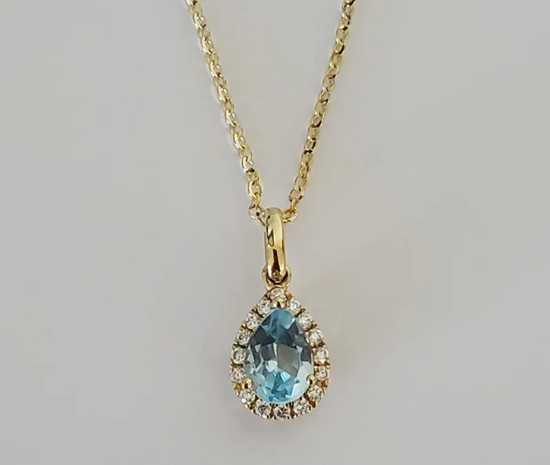 women double chain necklaces -14kt Yellow Gold Blue Topaz and Diamond Pendant