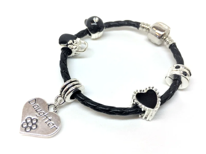 Children's Daughter 'Simply Black' Silver Plated Black Leather Charm Bead Bracelet