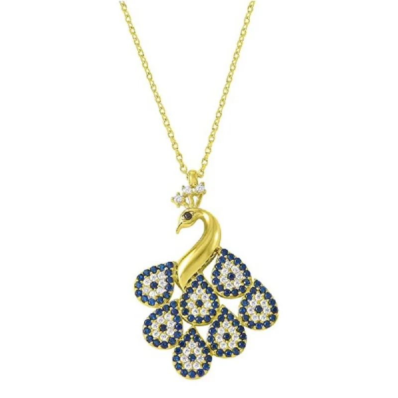 women boho necklaces -Jewelry America 14k Yellow Gold Peacock Evil Eye Charm Pendant Necklace 16"+2" Extender with Cubic Zirconia