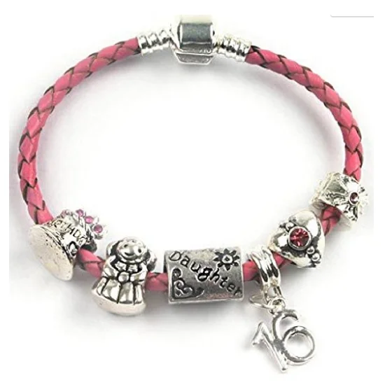 Teenager's Daughter 'Happy Birthday Chick' Age 13/16/18 Pink Braided Leather Charm Bead Bracelet