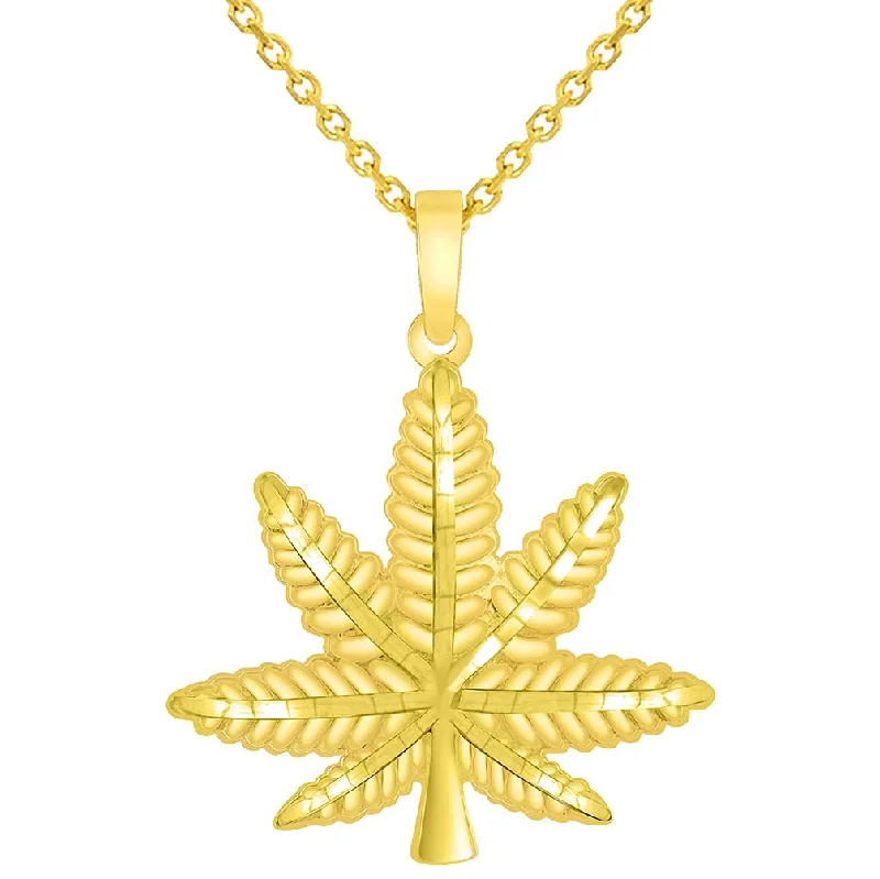 women luxury gold necklaces -Solid 14k Yellow Gold Textured Marijuana Weed Leaf Pendant with Rolo Cable, Cuban Curb, or Figaro Chain Necklaces