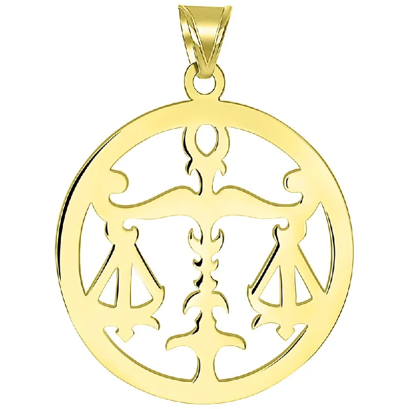 women pearl necklaces -Solid 14k Yellow Gold Round Libra Zodiac Sign Scale Disc Pendant