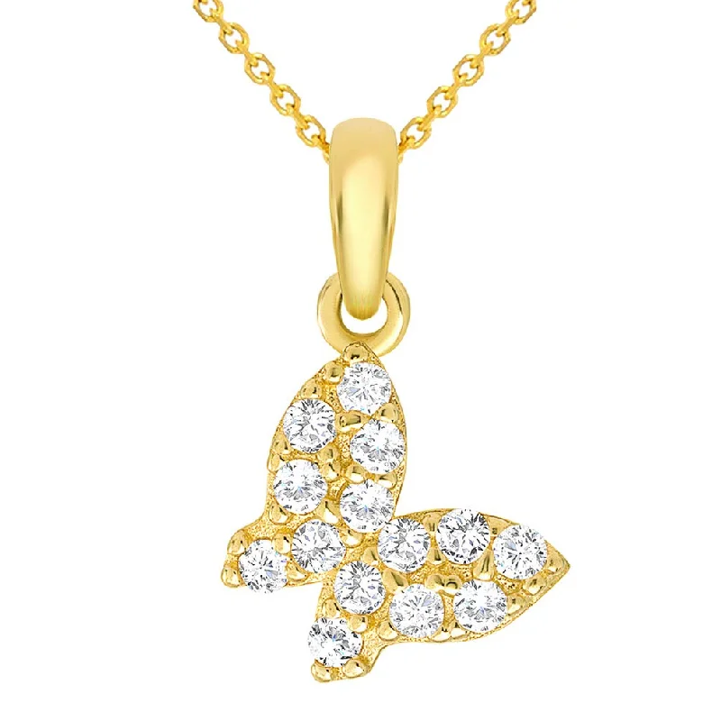 women classic gold necklaces -Solid 14K Yellow Gold Cubic Zirconia Mini Butterfly Charm Pendant with Chain Necklace