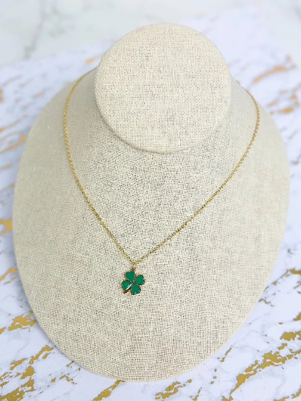 women engraved charm necklaces -Enamel Clover Pendant Necklace - Gold