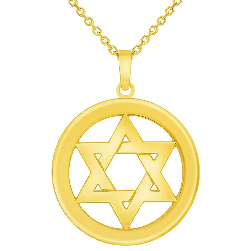 women zodiac necklaces -14k Yellow Gold Round Shield of David Open Hebrew Star Pendant with Rolo Cable, Cuban Curb, or Figaro Chain Necklaces