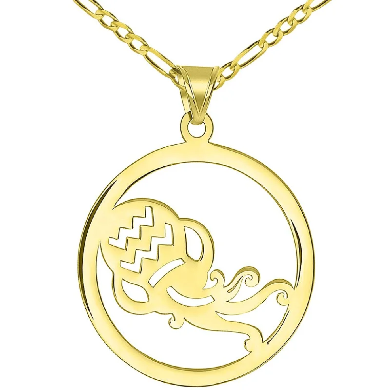 women twisted chain necklaces -Solid 14k Yellow Gold Round Aquarius Zodiac Sign Cut-Out Vase Disc Pendant with Figaro Chain Necklace