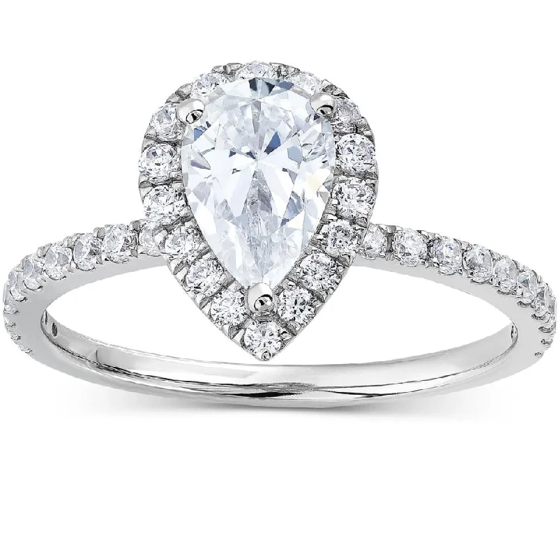 affordable princess cut engagement rings -1 1/3Ct TW Pear Shape Halo Diamond Engagement Ring 14k White Gold Lab Grown