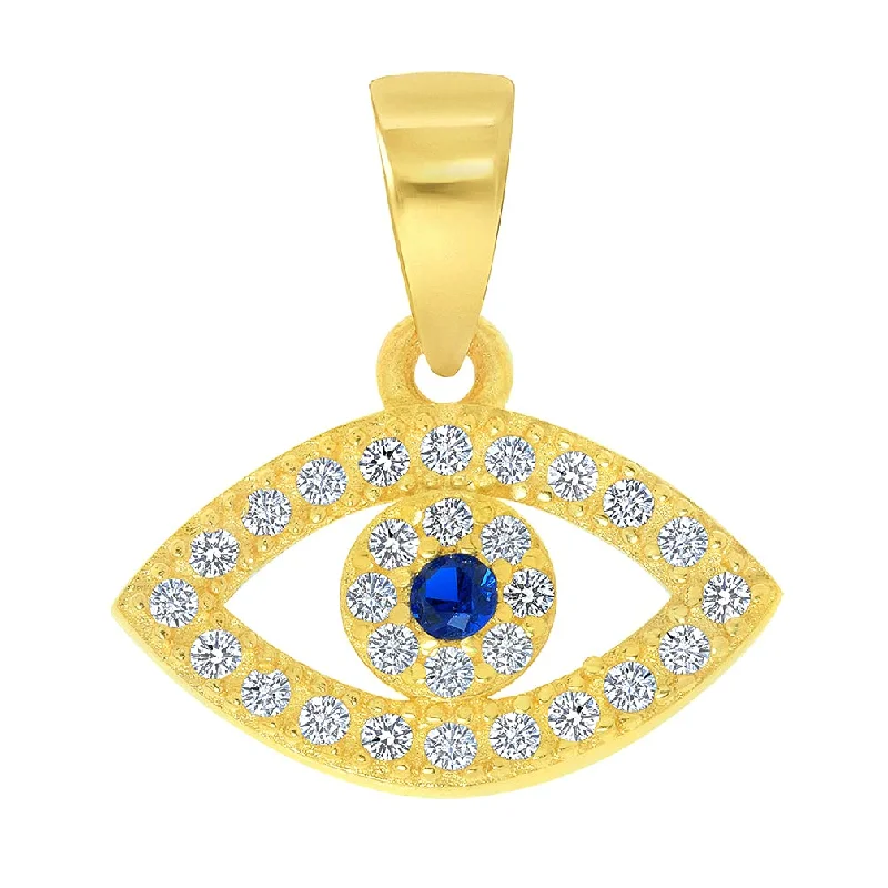 women eco-friendly necklaces -14k Yellow Gold Cubic Zirconia Mini Blue Evil Eye Charm Eye Shaped Pendant