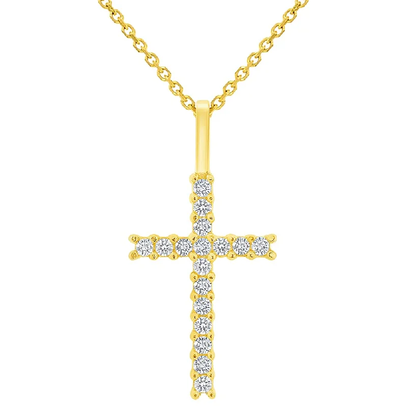 women minimalist gold necklaces -Solid 14k Yellow Gold Cubic-Zirconia Petite Religious Cross Charm Pendant with Rolo Cable, Cuban Curb, or Figaro Chain Necklaces