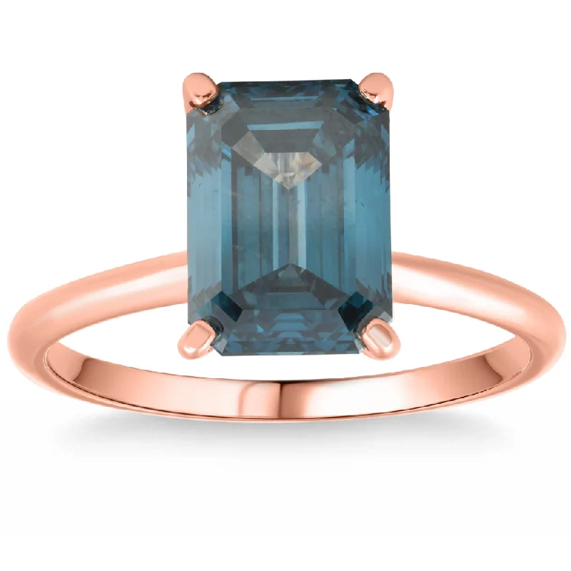 floral engagement rings -3Ct Blue Diamond Emerald Cut Solitaire Engagement 14k Ring Rose Gold Lab Grown