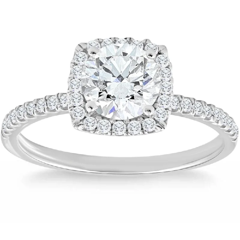 floral engagement rings -1 3/4 Ct TW Moissanite & Diamond Cushion Halo Engagement Ring in 14k White Gold