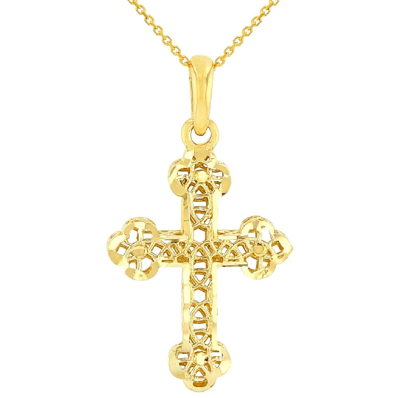 women friendship necklaces -14k Yellow Gold Textured Filigree Christian Orthodox Cross Charm Pendant Necklace