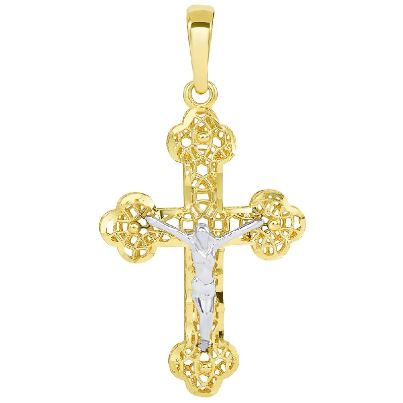 women choker necklaces -14k Two Tone Gold Textured Filigree Eastern Orthodox Cross 3D Jesus Crucifix Pendant