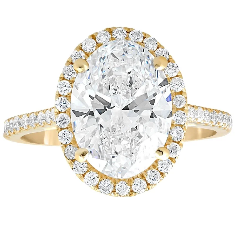 cushion cut halo engagement rings -3 1/2Ct Oval Moissanite & Diamond Halo Engagement Ring 14k Yellow Gold