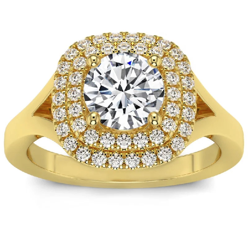 affordable engagement rings -1 3/4Ct TW Double Cushion Halo Diamond Engagement Ring Lab Grown 14k Gold