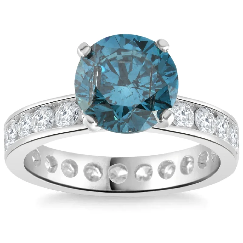 platinum engagement rings -4 Ct TW Blue & White Diamond Eternity Engagement Ring in 14k White Gold