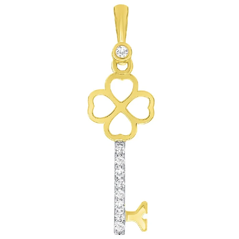 women luxury gold necklaces -Solid 14K Yellow Gold Dainty Heart Shaped Four Leaf Clover Love Key Charm Pendant with Cubic Zirconia Gemstones