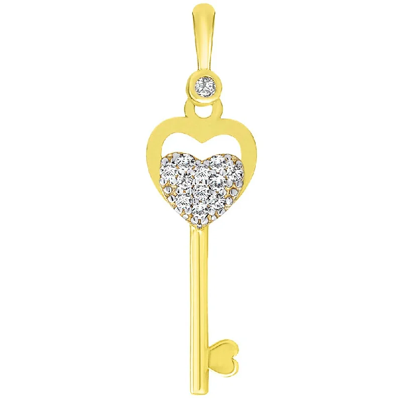 women heart-shaped pendant necklaces -14K Yellow Gold Open Double Heart Love Key Pendant with Cubic Zirconia Gemstones