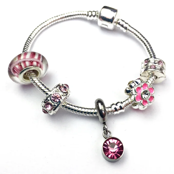 Children's 'October Birthstone' Rose Coloured Crystal Silver Plated Charm Bead Bracelet