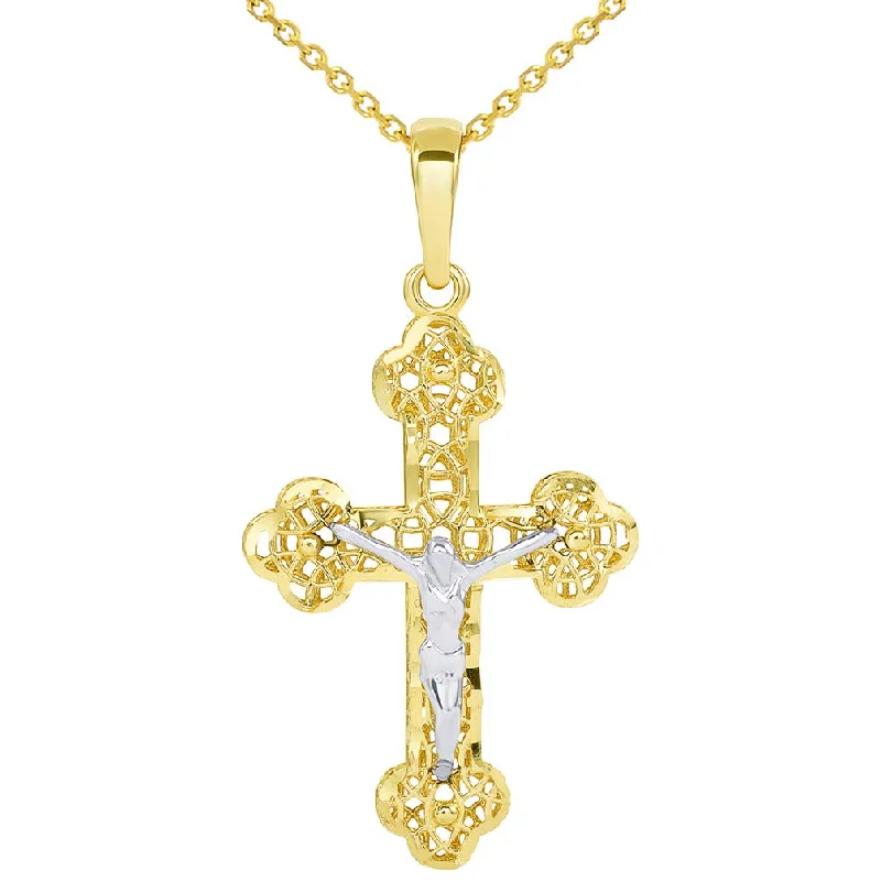 women art deco necklaces -14k Two Tone Gold Textured Filigree Eastern Orthodox Cross 3D Jesus Crucifix Pendant Necklace