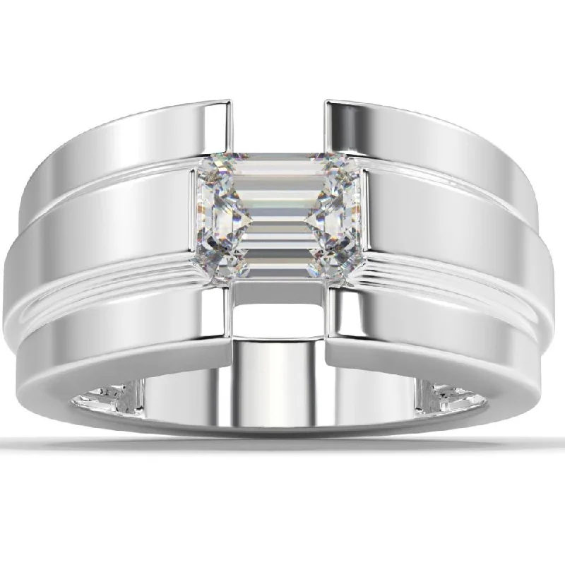 engagement rings with matching wedding band -2 Ct Emerald Cut Moissanite Solitaire 12mm Men's Ring White Yellow or Rose Gold