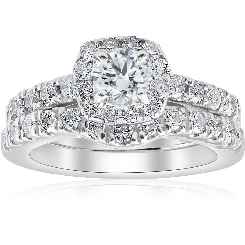 men engagement rings -1 1/10Ct TDW Cushion Halo Engagement Wedding Ring Set 14k White Gold Lab Grown