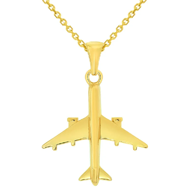 women natural stone necklaces -Solid 14k Yellow Gold 3D Vertical Airplane Jet Aircraft Pendant with Rolo Cable, Cuban Curb, or Figaro Chain Necklaces