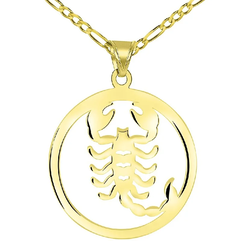 women heart-shaped pendant necklaces -Solid 14k Yellow Gold Round Scorpio Zodiac Symbol Cut-Out Scorpion Pendant with Figaro Chain Necklace