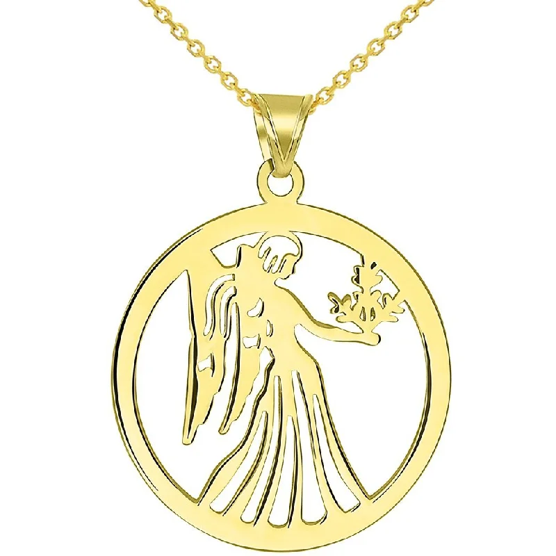 women pearl drop necklaces -Solid 14k Yellow Gold Round Virgo Holding Wheat Zodiac Sign Cut-Out Disc Pendant Necklace