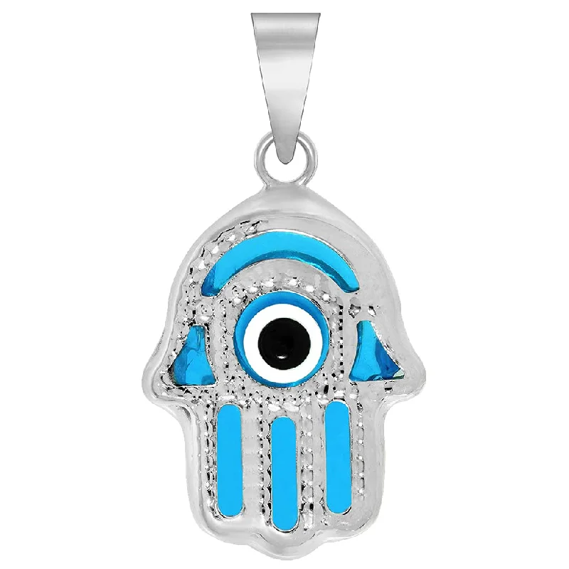 women designer necklaces -14k White Gold Blue Evil Eye Hamsa Hand Charm Pendant 21.5mm x 12mm