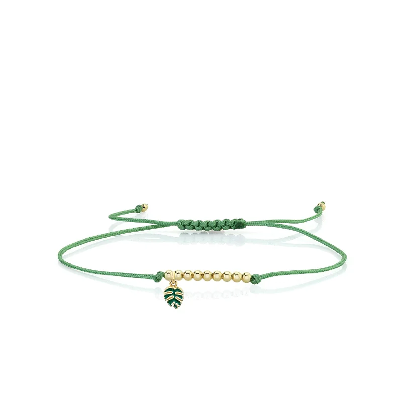 Gold & Enamel Tiny Monstera Leaf Cord Bracelet