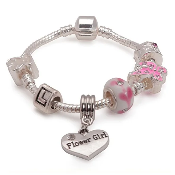 Children's Flower Girl 'Pink Butterfly' Silver Plated Charm Bead Bracelet