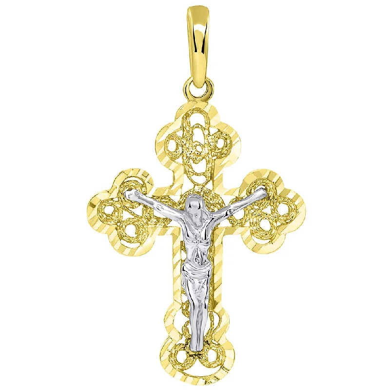 women chunky necklaces -Solid 14k Two Tone Gold Filigree Eastern Orthodox Cross Crucifix Pendant