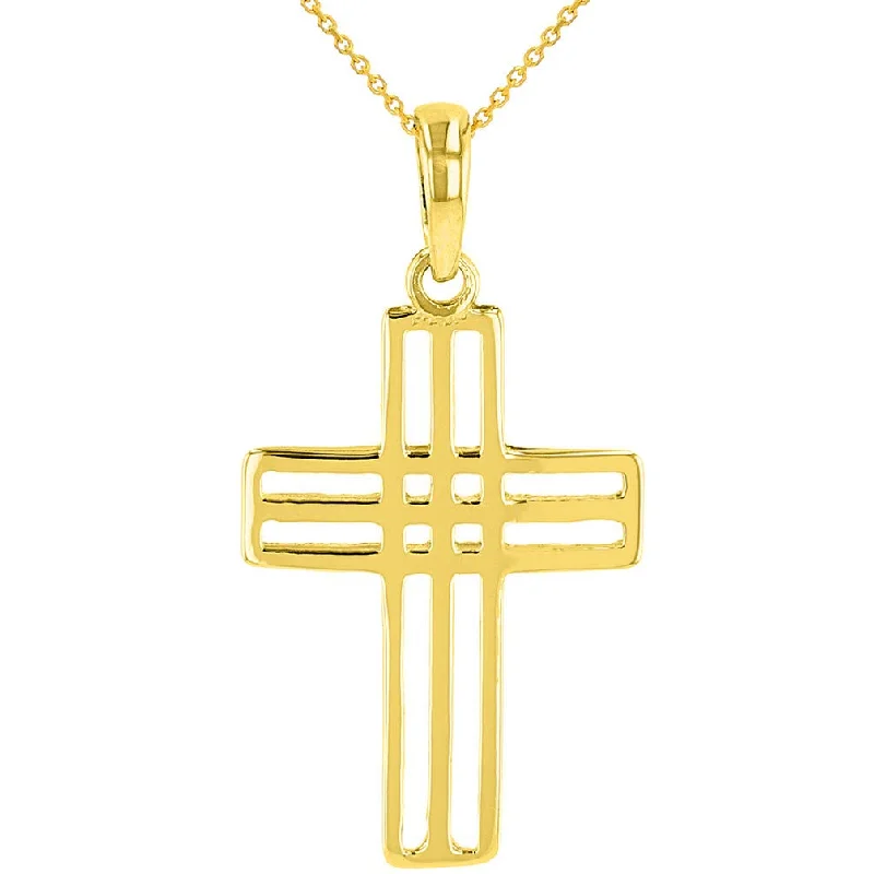 women inspirational necklaces -14k Yellow Gold Double Outline Open Religious Cross Charm Pendant Necklace