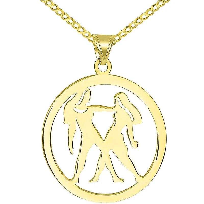 women vintage-style necklaces -Solid 14k Yellow Gold Round Gemini Twins Zodiac Sign Cut-Out Disc Pendant with Cuban Chain Necklace