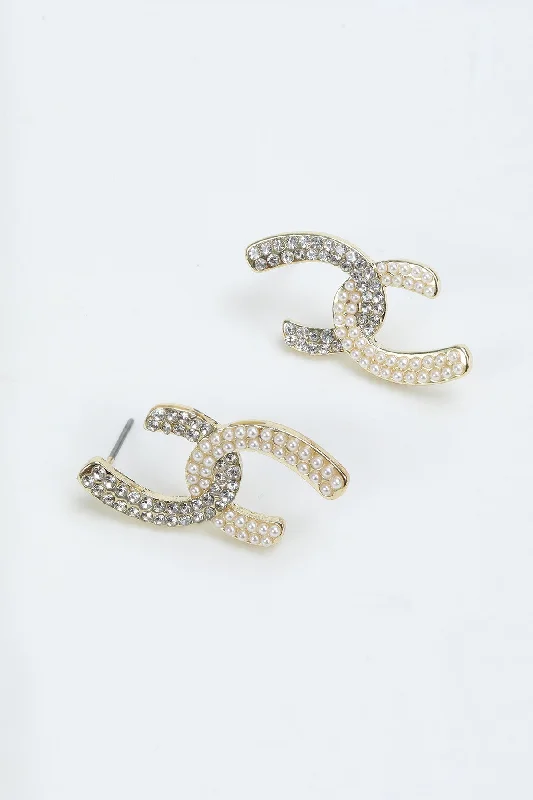 women diamond hoop earrings -Pearl & Diamante Stud Earrings