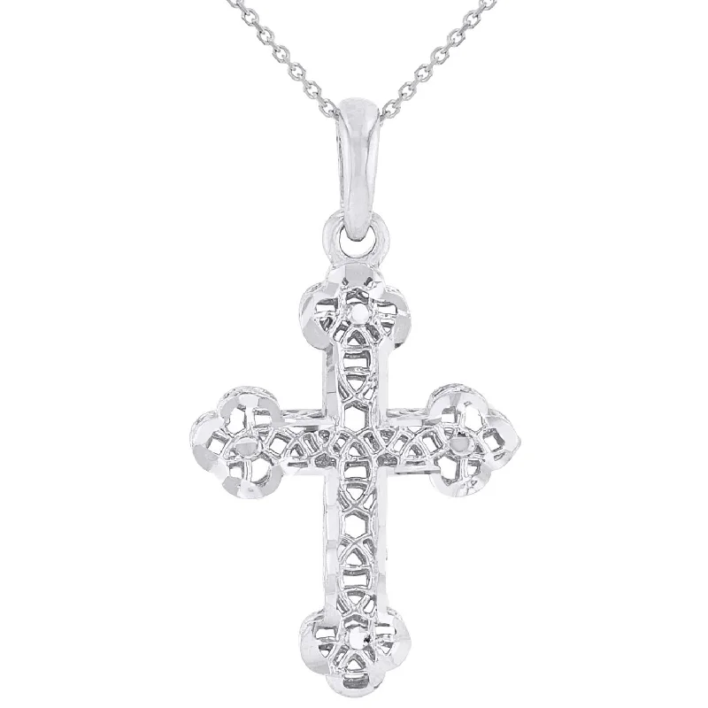 women heart pendant necklaces -14k White Gold Textured Filigree Christian Orthodox Cross Charm Pendant Necklace