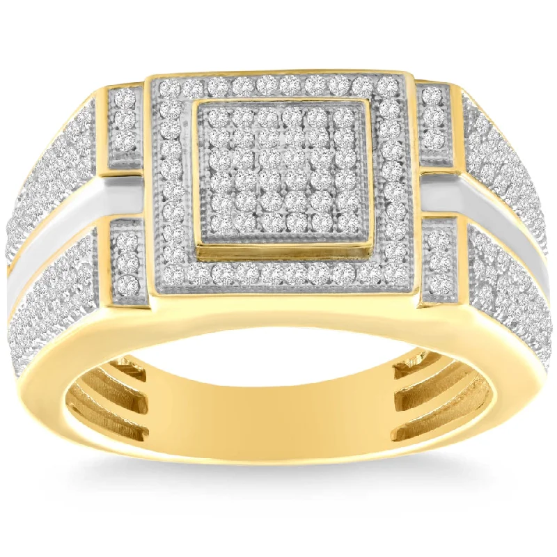 black diamond engagement rings -Men's 1/4 CT. T.W. Diamond Micro Cluster Square Stepped Ring in 10K Yellow Gold