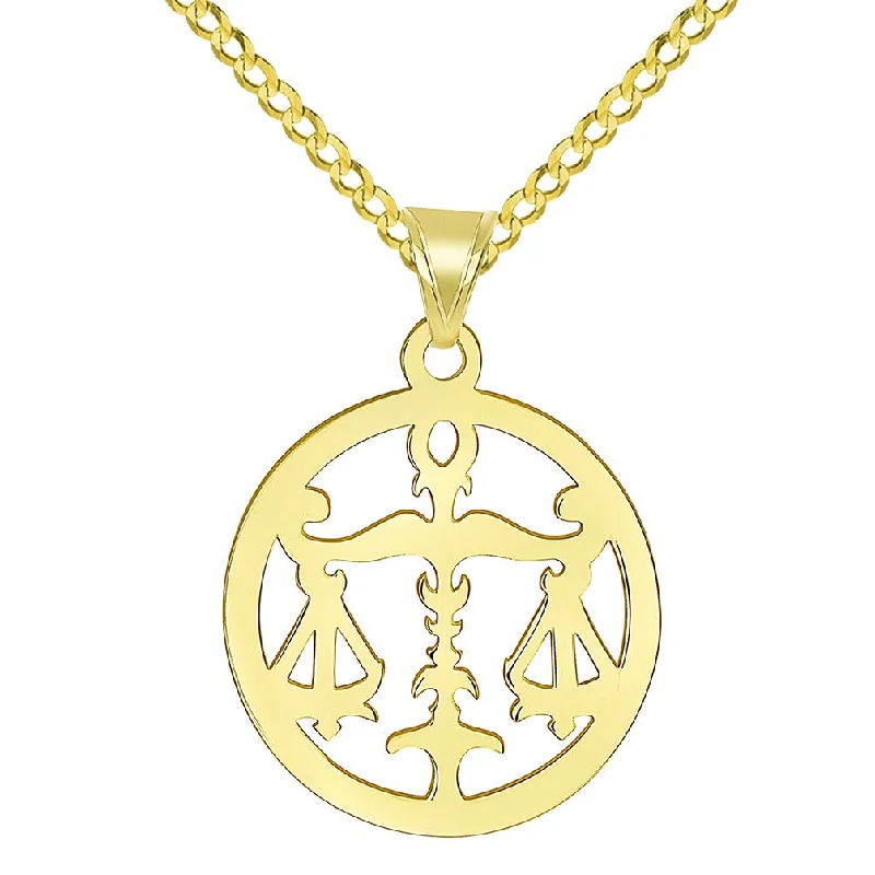 women gold plated necklaces -14k Yellow Gold Dainty Round Libra Zodiac Sign Scale Disc Pendant with Cuban Chain Necklace