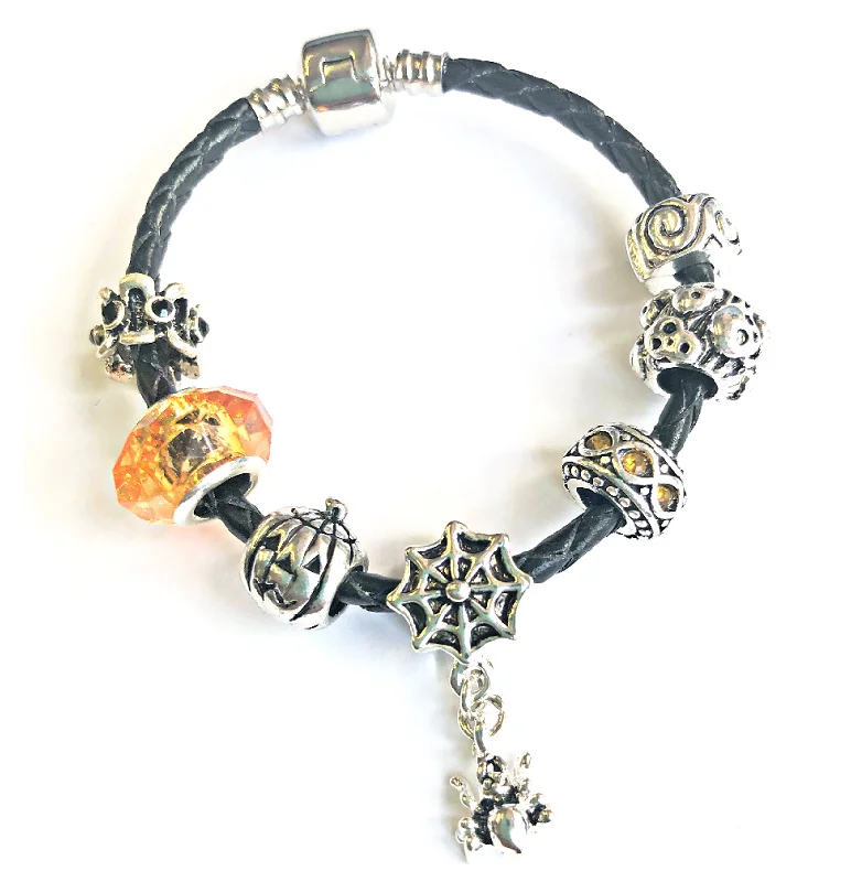 Children's 'Trick or Treat' Halloween Black Leather Charm Bead Bracelet