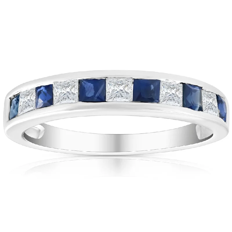 diamond halo engagement rings -1 Ct Princess Cut Blue Sapphire & Diamond Ladies Wedding Ring 14k White Gold