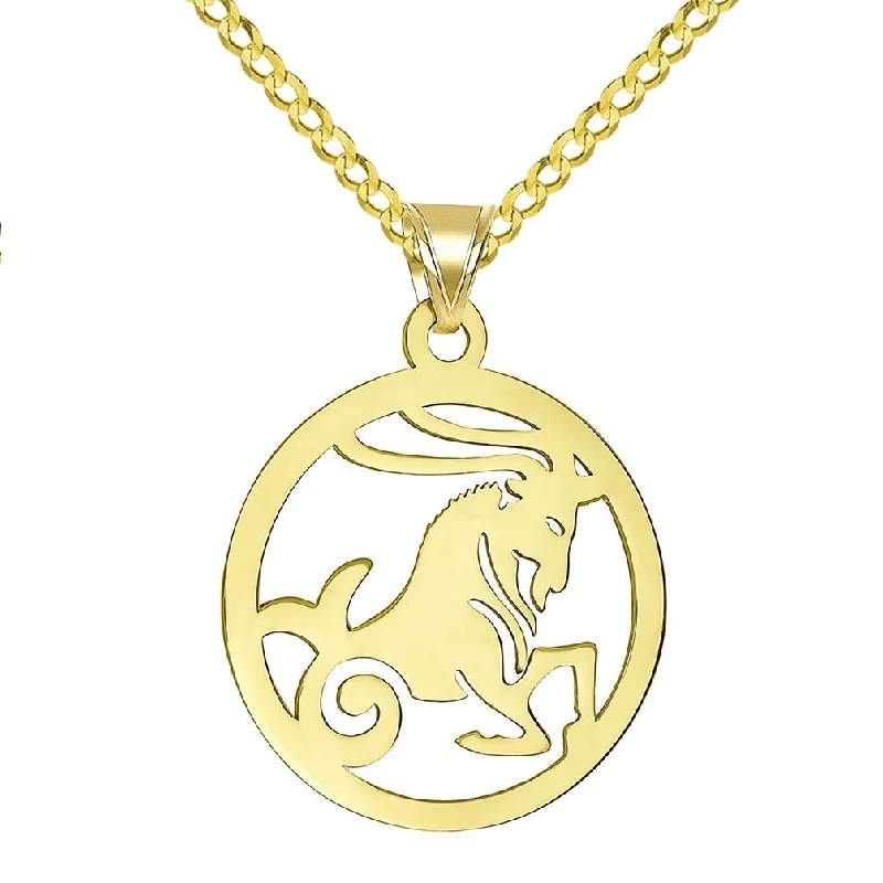 women silver chain necklaces -14k Yellow Gold Dainty Round Capricorn Zodiac Sign Goat Cut-Out Disc Pendant with Cuban Chain Necklace